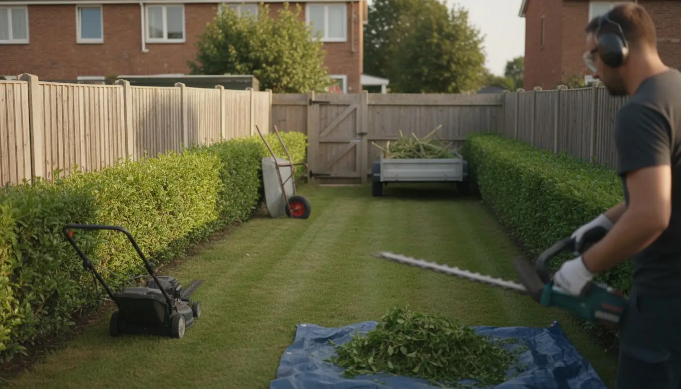 Set bagfra ses en person, der trimmer en hæk med nyslået græs og en trailer fyldt med afklip ved havens åbne indgang.