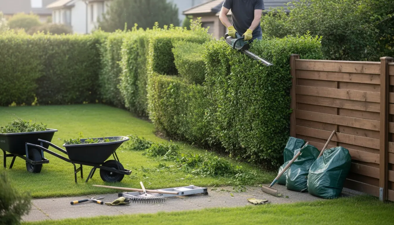 Hækkeklipning i forhaven med elektrisk hækkeklipper, opsamling af afklip og trailer til bortskaffelse.