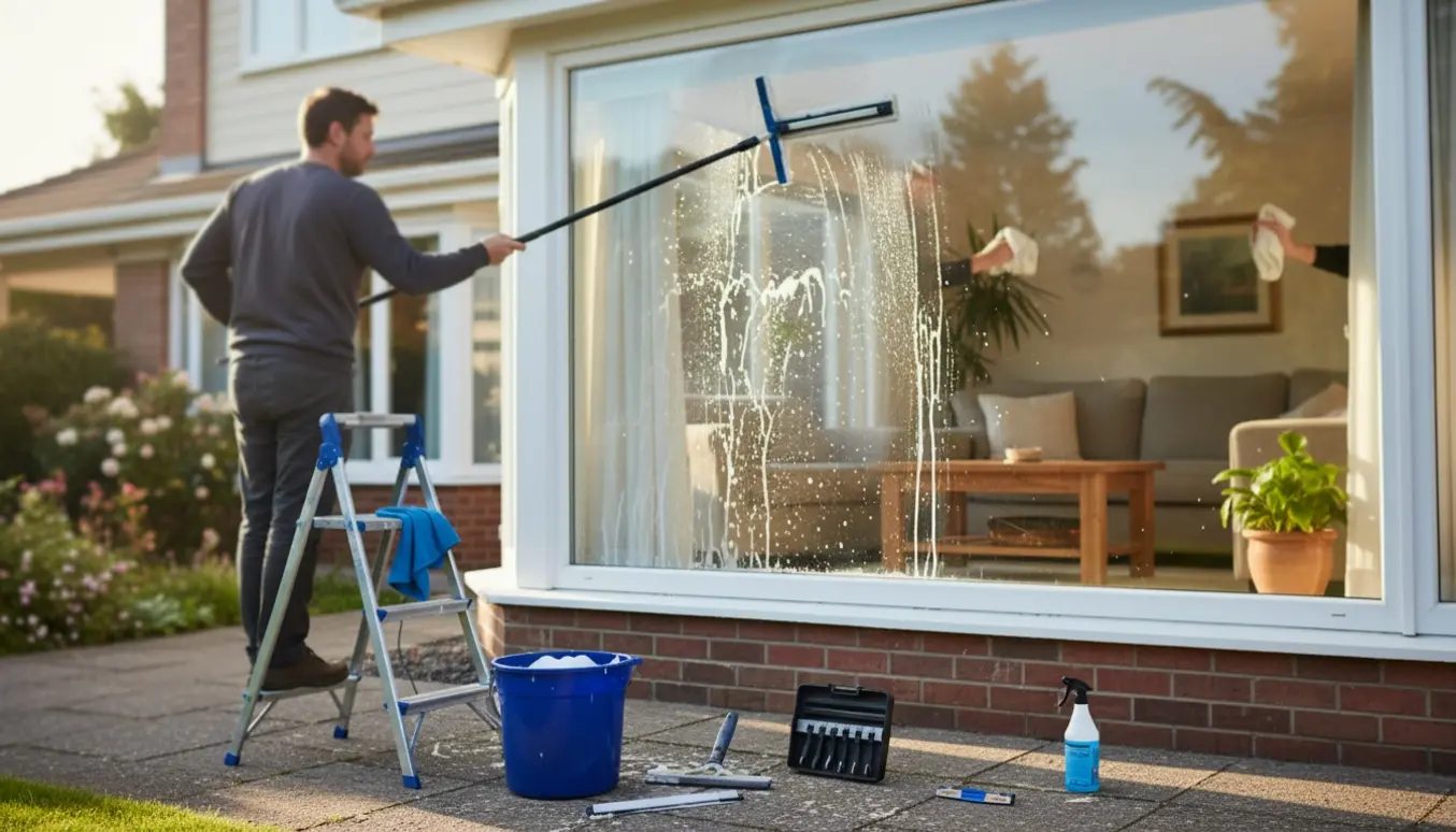 Vinduespudser uden synligt ansigt rengør et husvindue med forlængerskraber, spand og klud, med halvt beskidt og halvt klart glas.