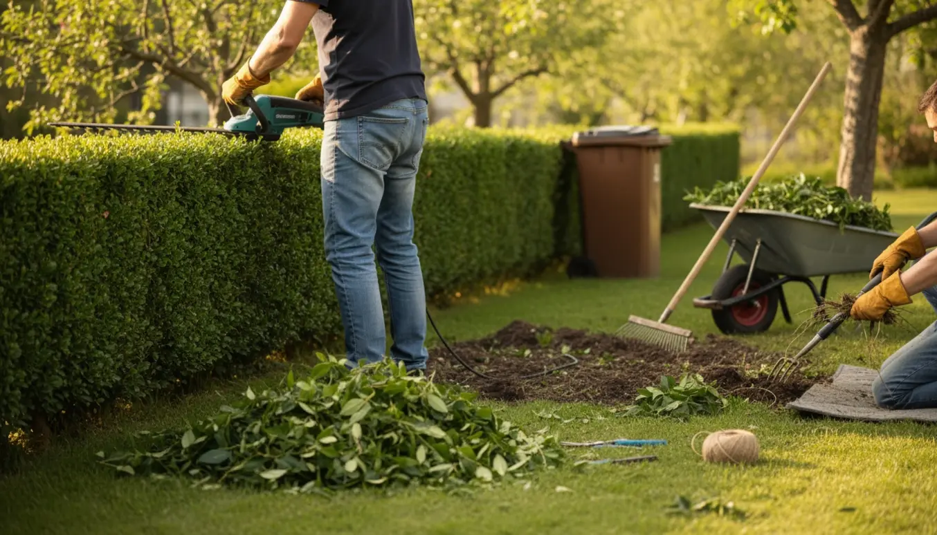Hæk klippes og ukrudt fjernes i en solbelyst have, hænder i handsker ved arbejdet.