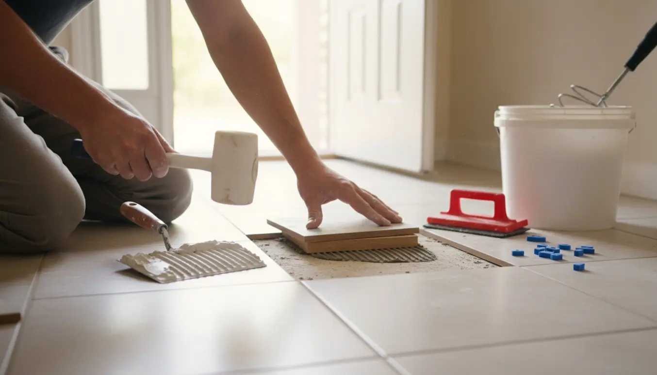 Nærbillede af hænder, der genopsætter en løs flise i en lys entré med værktøj og fliseklæber.