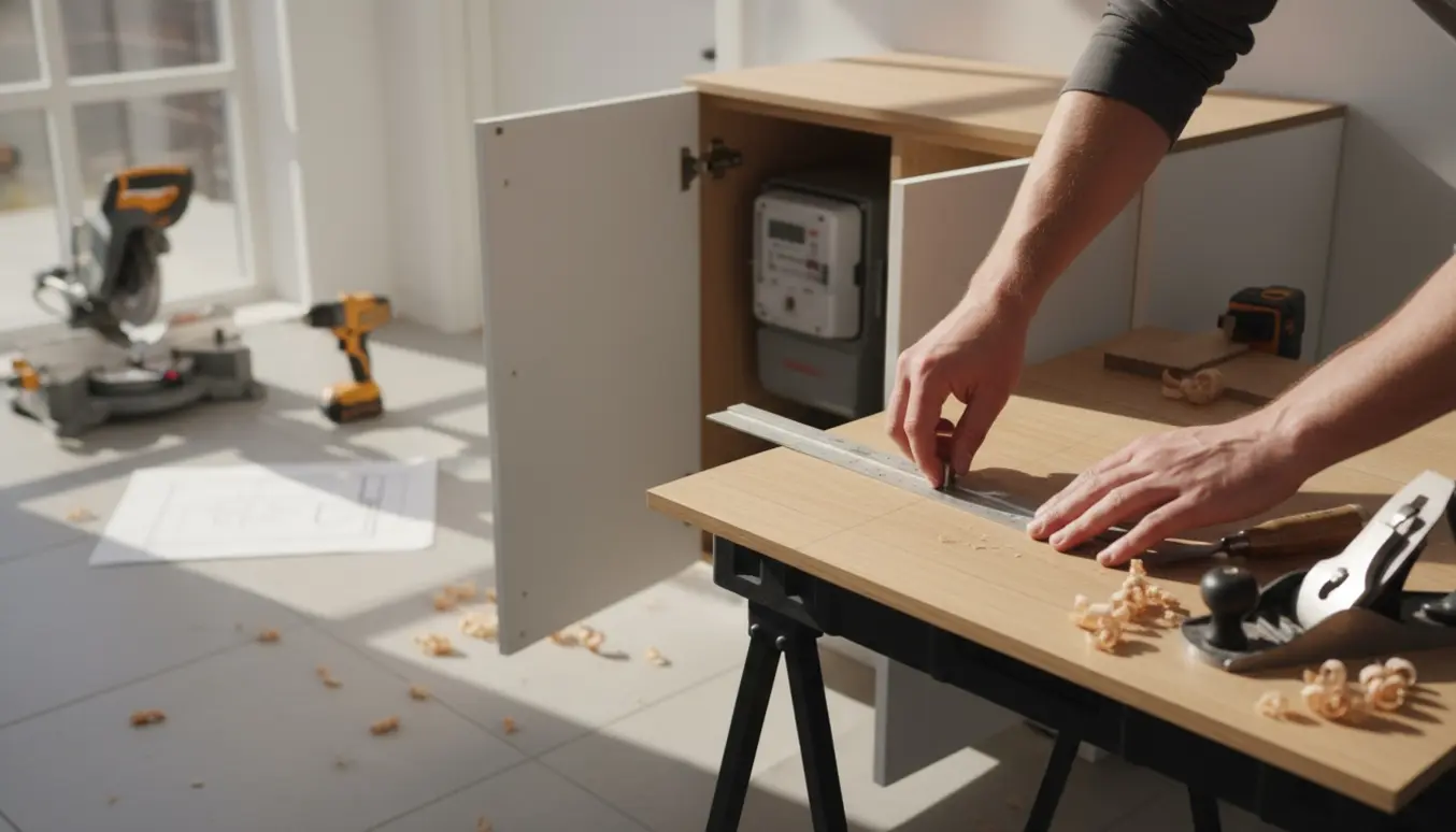 Nærbillede af et entremøbel under fremstilling i en lys entre, med værktøj og præcise markeringer for at skjule en elmåler.
