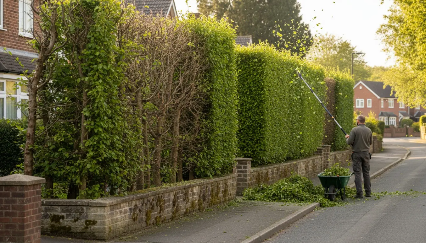 En person klipper en lang bøgehæk ved fortovet med en stanghækkeklipper, mens afklip ligger samlet ved en lav stenmur.