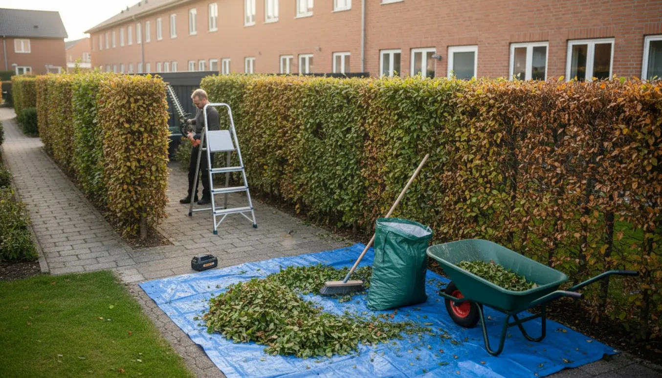 En person klipper en bøgehæk i en lille rækkehushave med batteridrevet hækklipper, stige og samlede klippestykker klar til bortskafning.