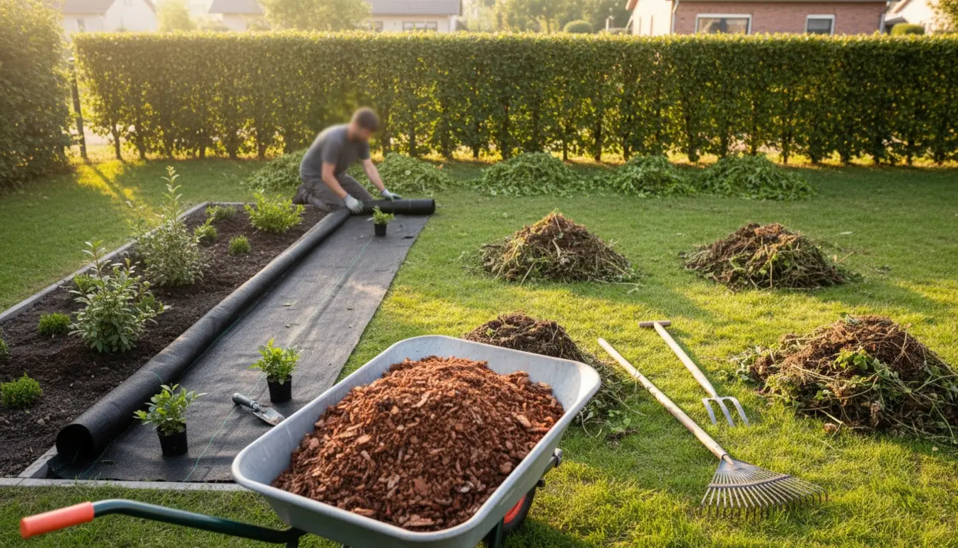 Baghave under havearbejde: hæk bliver klippet, bede plantes, ukrudt ryddes og træflis spredes.