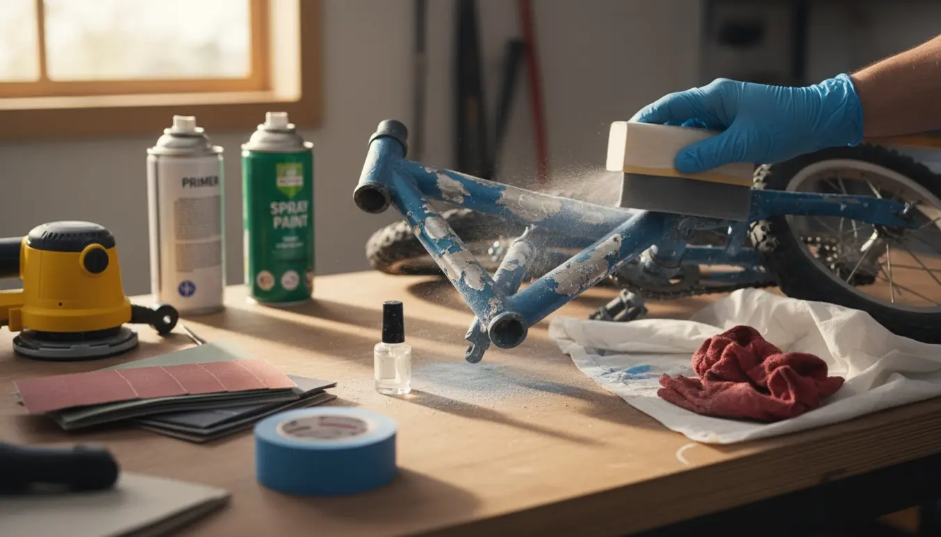 En halvslibet børnecykel på et værkstedsbord med slibepapir, klarlakflaske og maleudstyr i naturligt lys.
