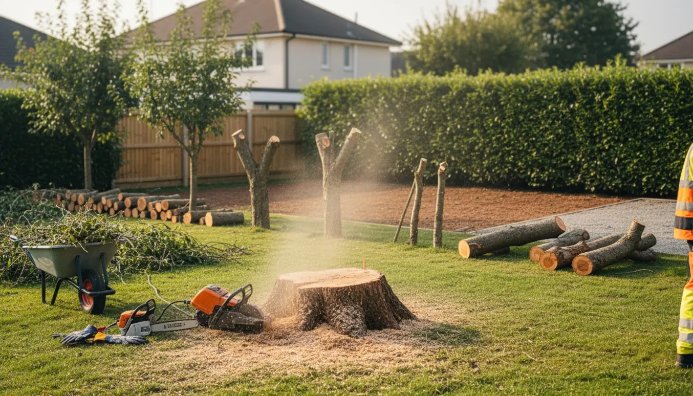 Haveservice med fræset stub, stablede stammer, nyklippet hæk og klar plads til mulig parkeringsplads.