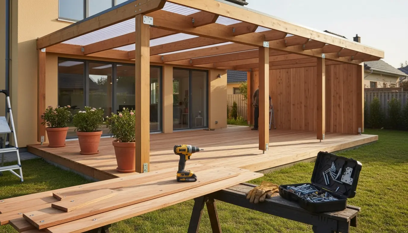 Fritstående overdækket terrasse under opførelse med ét ende delvist beklædt med brædder og værktøj i forgrunden.