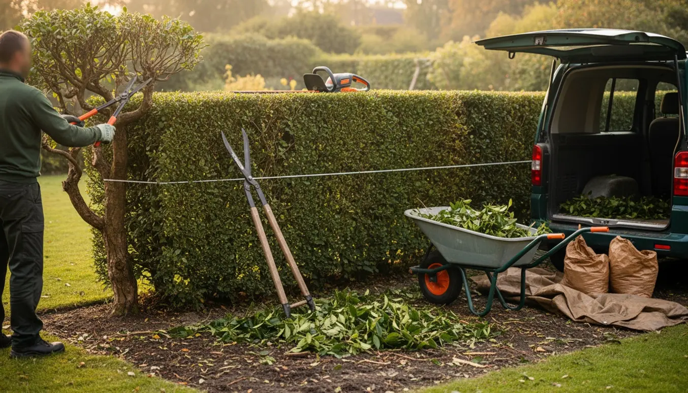 Gartner trimmer hæk og buske til cirka 1 meter med klippeaffald i en trillebør og åben affalds-vogn i baggrunden.