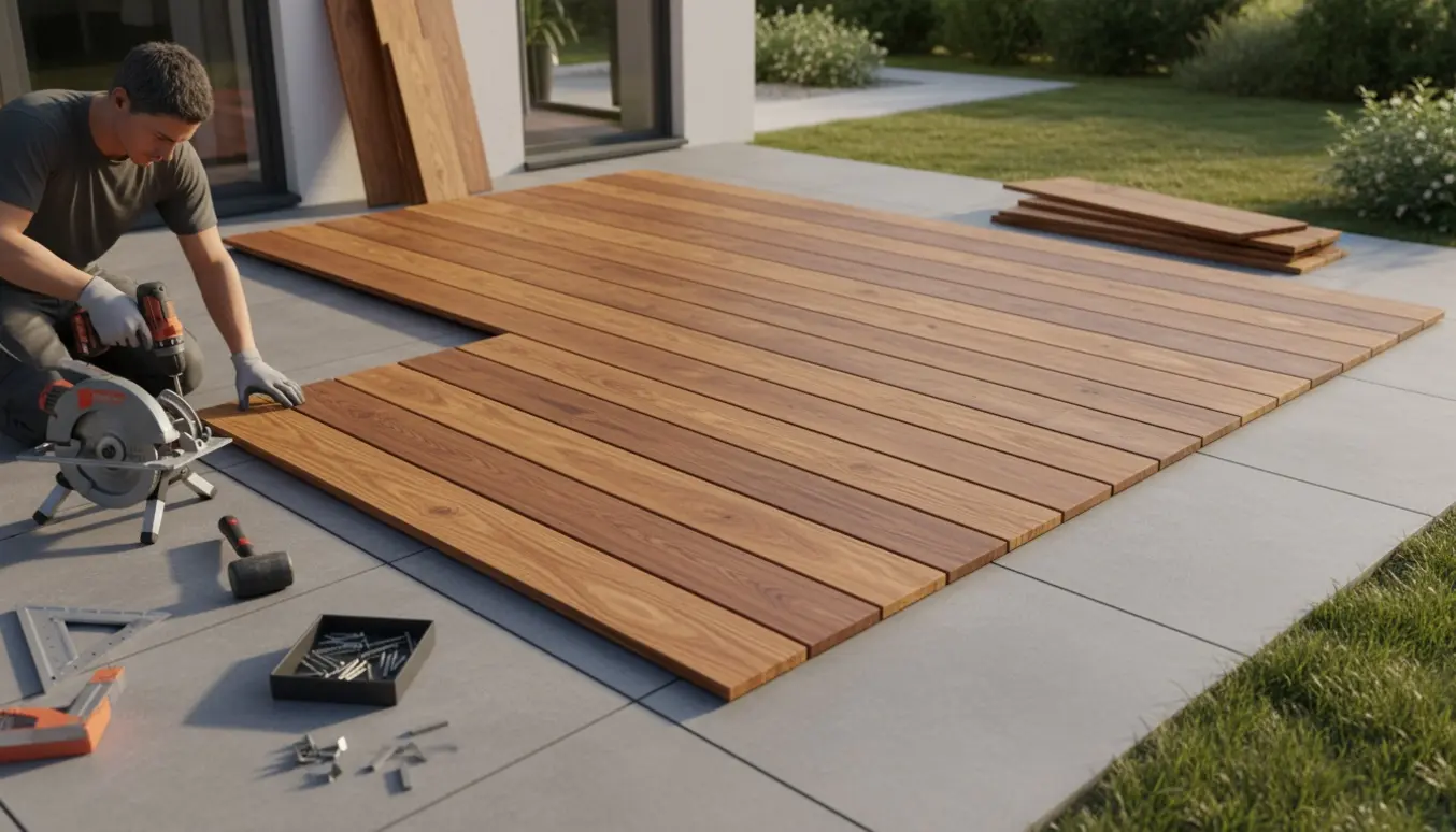 Delvist lagt varmebehandlet træterrasse ovenpå fliser i en have, med værktøj og arbejderes hænder synlige.