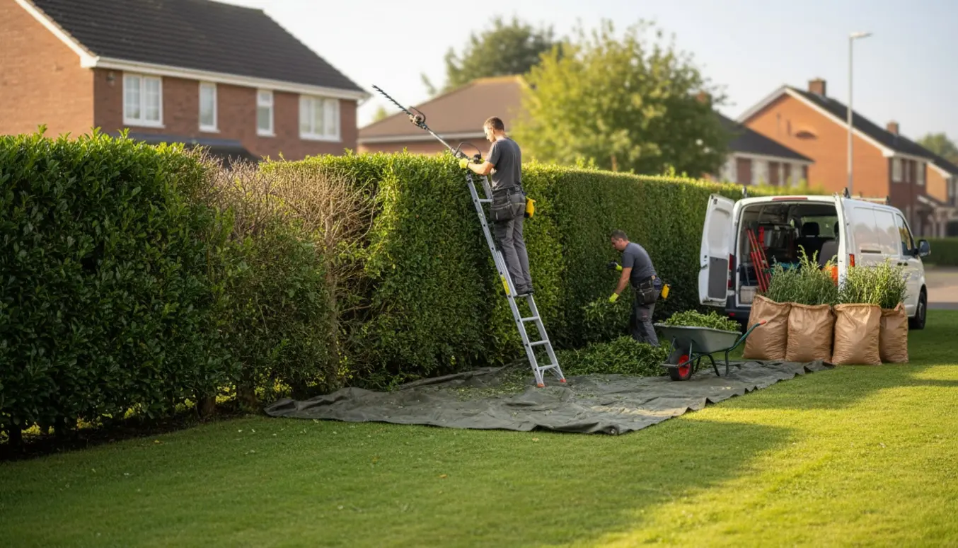 Professionel hækkeklipning af lang forstadshæk med bunker af afklip og bortkørsel klar.