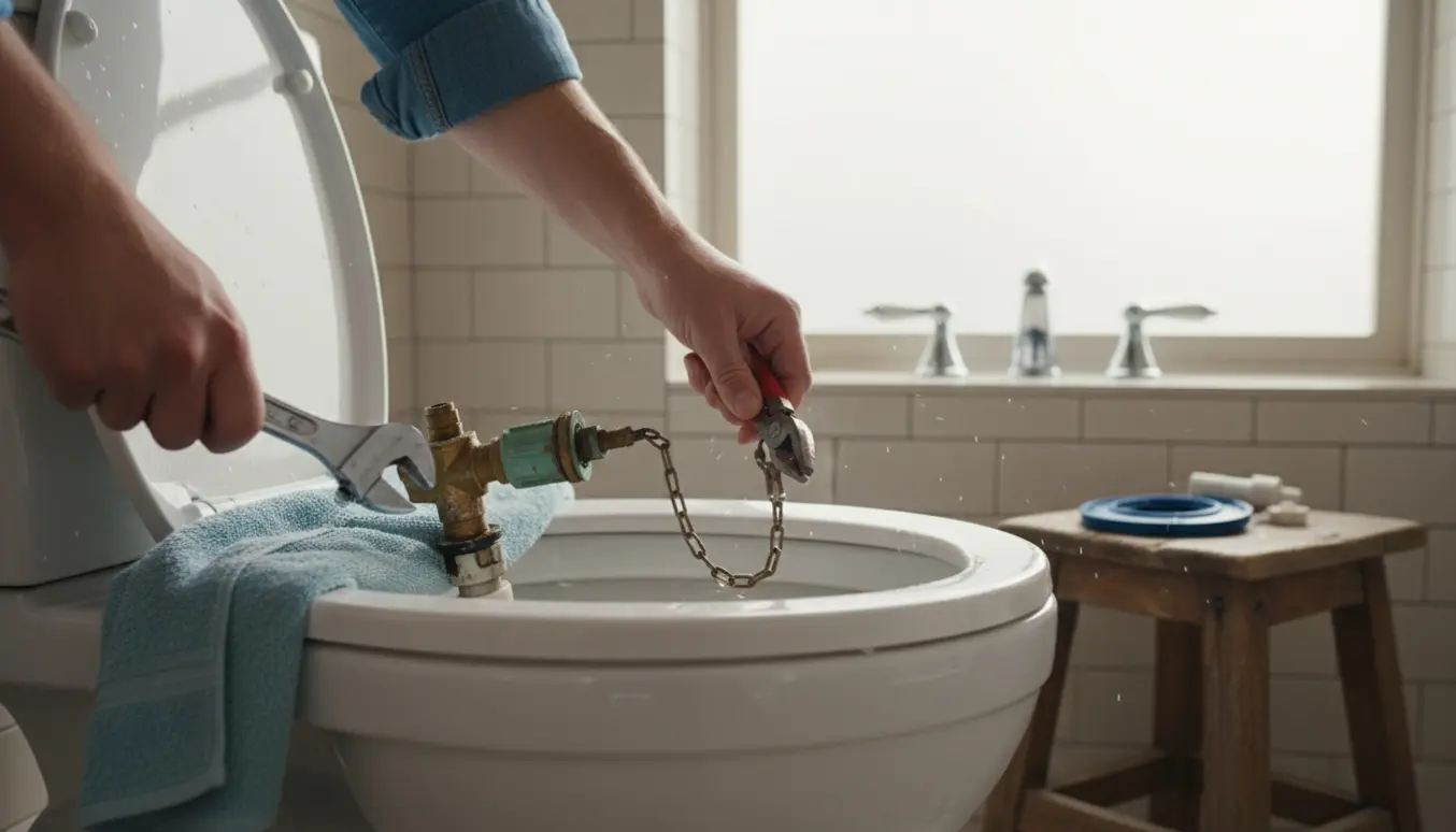 Åbent toiletcisterne med værktøj og hænder, der reparerer en defekt skyllemekanisme.