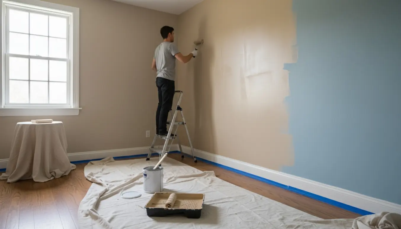 Lille værelse under maling med maler set bagfra, rulle, malerbøtte og afdækningsdug i naturligt dagslys.