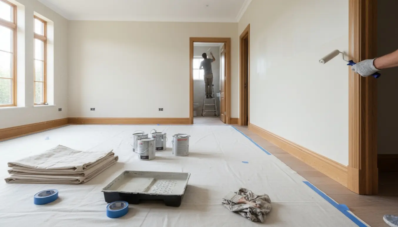 En hand ruller maling på en væg i et lyst hjem med afdækningsdug, malerbøtter og en stige i baggrunden.