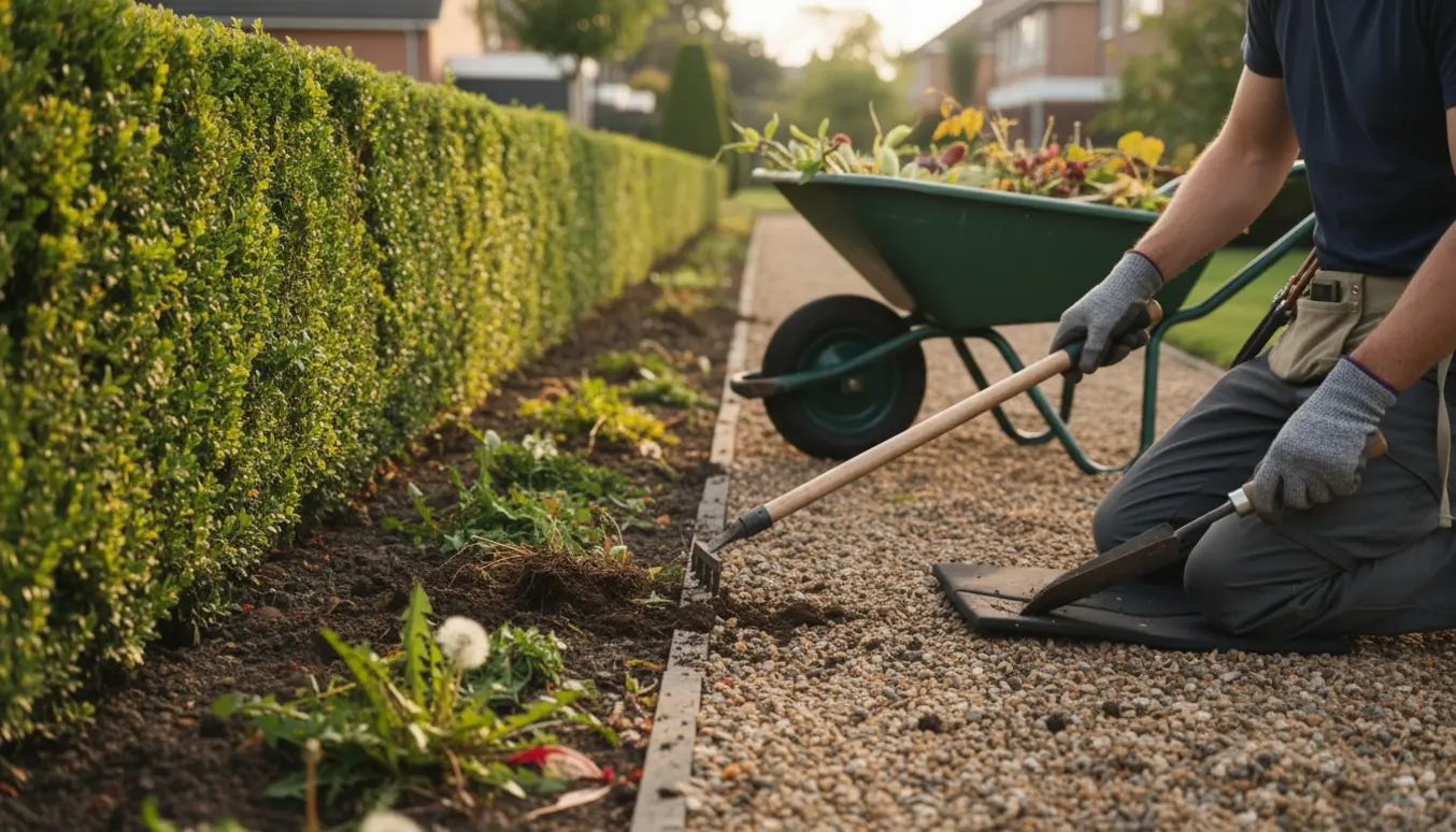 To personer fjerner ukrudt mellem en lang hæk i en have med haveredskaber og en trillebør.