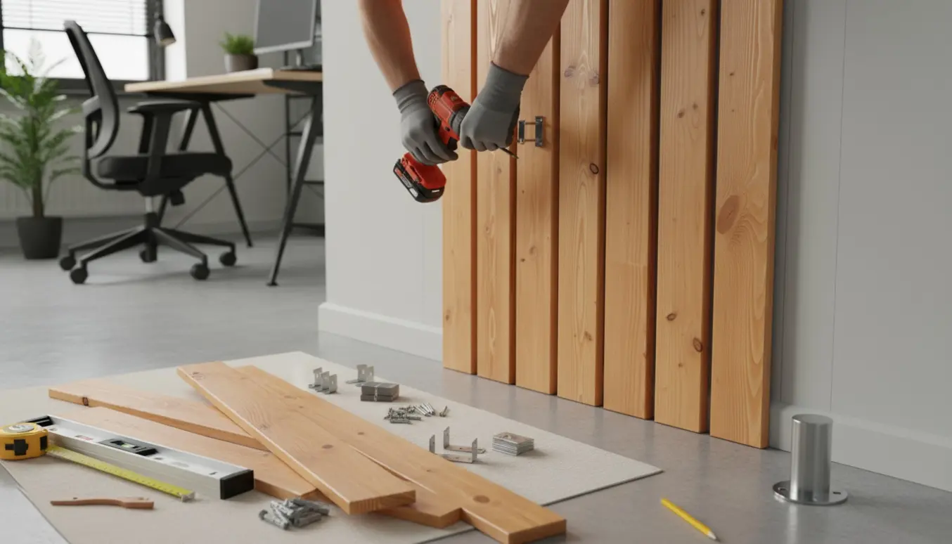 Nærbillede af montering af fyrretræsvægribbe i et kontor med værktøj og dørstopper ved væggen.
