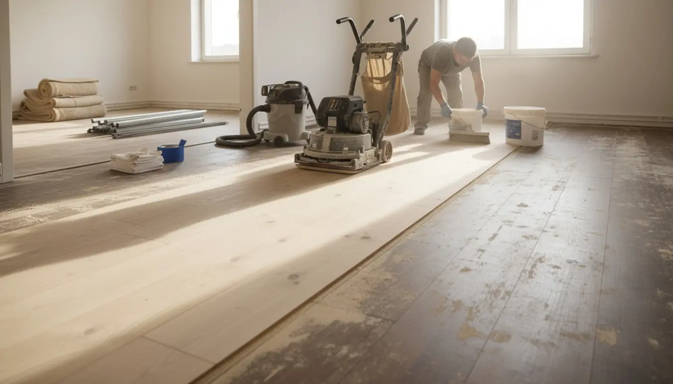 Delvist slebet trægulv i en lys lejlighed med gulvsliber, luderedskaber og rulle gammelt tæppe i hjørnet.