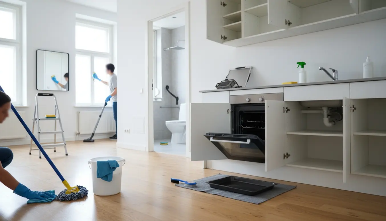Hovedrengøring i tom to-værelses lejlighed med moppe, klude, åben ovn og rene vindueskarme.