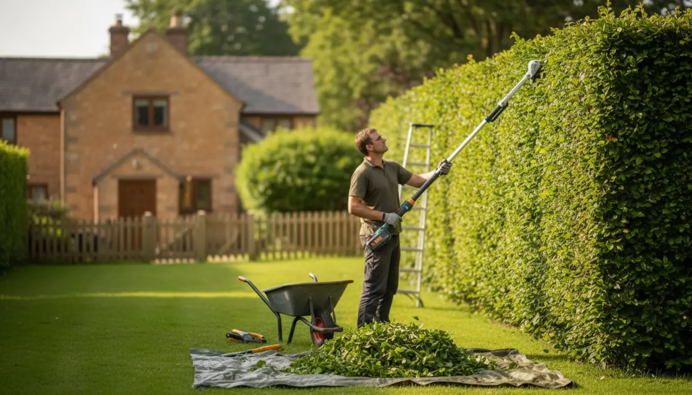 Person set bagfra klipper en lang, 3,5 m høj bøgehæk i en lukket have med teleskop-hækkeklipper og samlet afklip ved siden af.