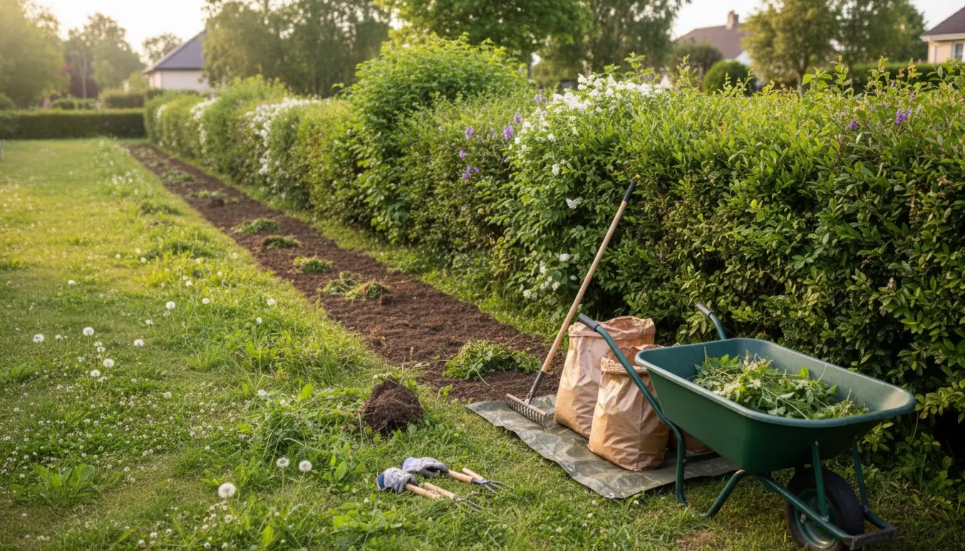 Lang hæk med fjernet ukrudt langs basen, haveredskaber og bunke af haveaffald i naturligt lys.