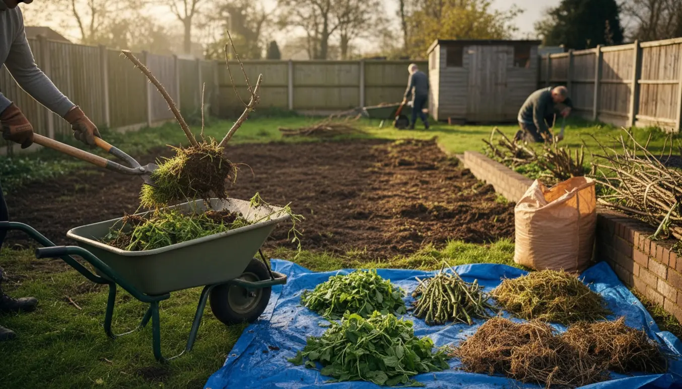 Hænder rydder have for buske, bede og ukrudt med skovl, grensaks og trillebør ved en bunke grøntaffald.