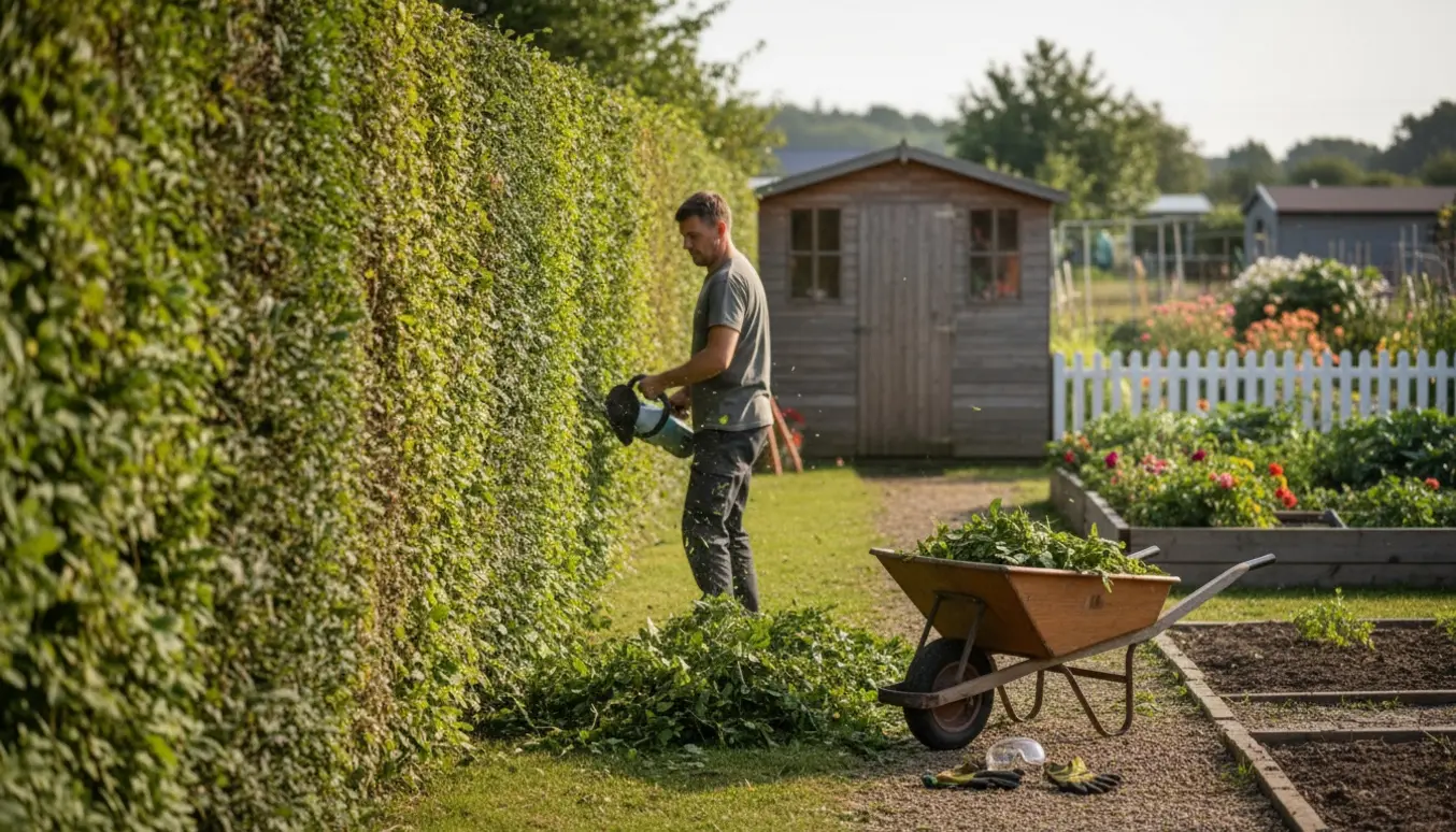 Høj hæk i en kolonihave klippes med en hækkeklipper, og afklip ligger i en trillebør.