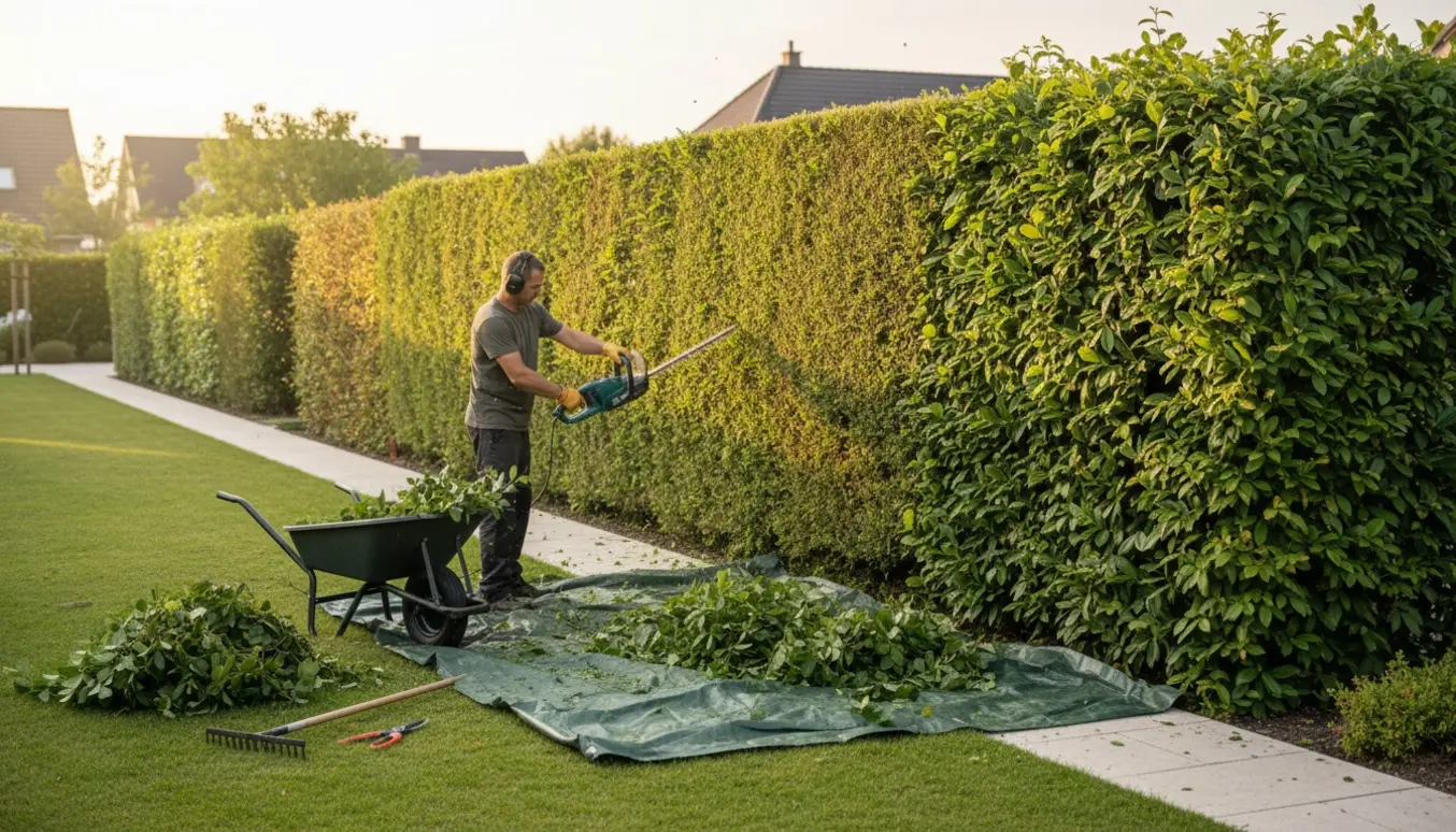 En hæk bliver klippet på én side med en motorhækkeklipper, og afklip samles i trillebør og på en presenning.