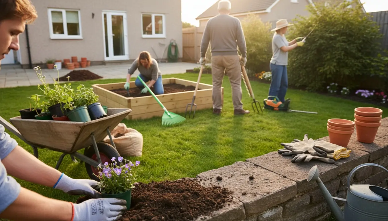 Tre voksne arbejder i en baghave med haveredskaber og planter, mens en erfaren havehjælper organiserer arbejdet med ryggen til.