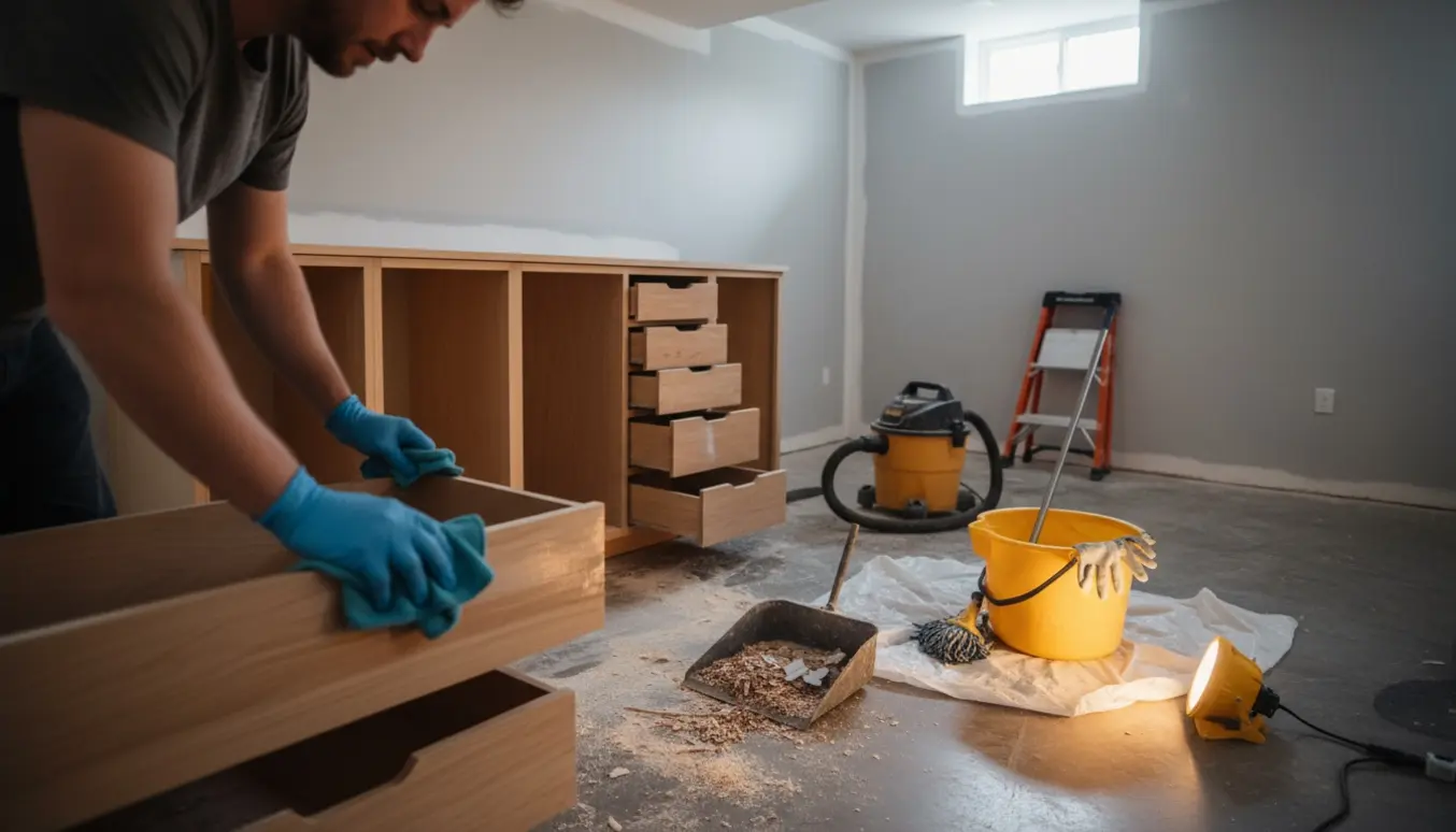 Kælder under rengøring efter renovering med åbne skabe, støvsuger, moppe og rengøringsudstyr.