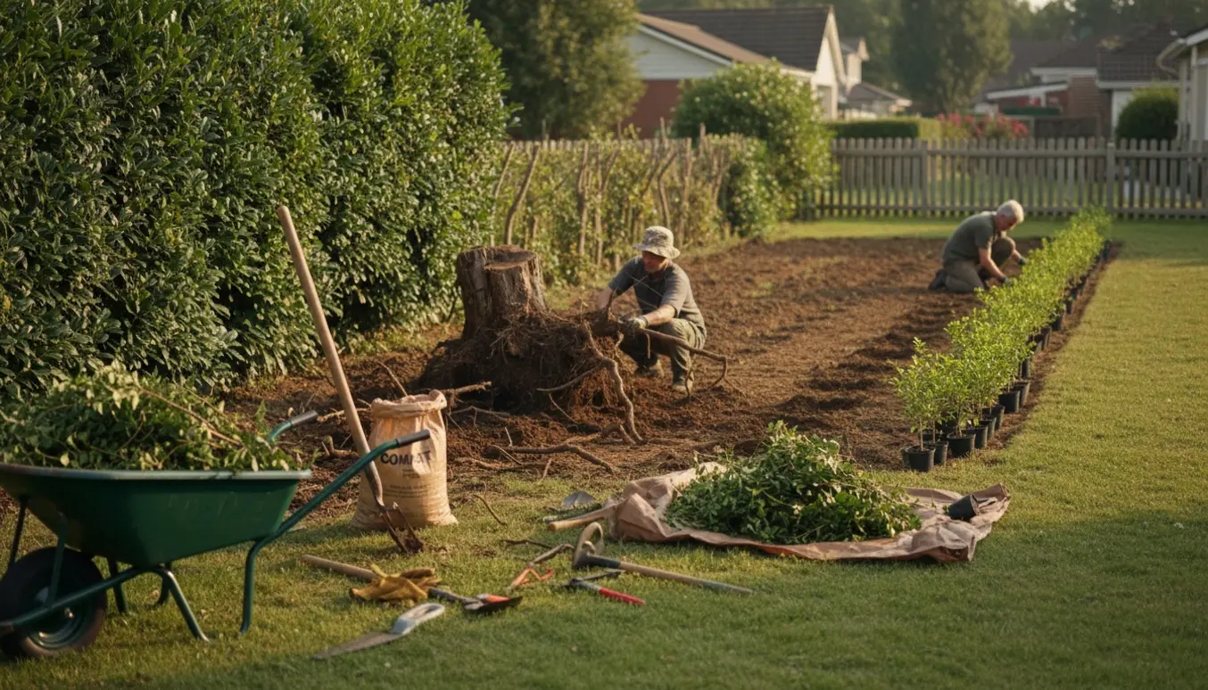Havearbejde med fjernelse af ca. 8 m ligusterhæk, udgravede rødder og nye ligusterspire klar til plantning.