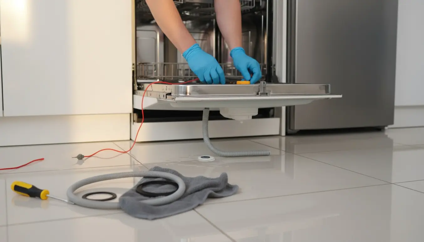 Hænder i handsker reparerer en åben opvaskemaskine med fjernet bundpanel og en lille vandpølje ved lækagesensoren.
