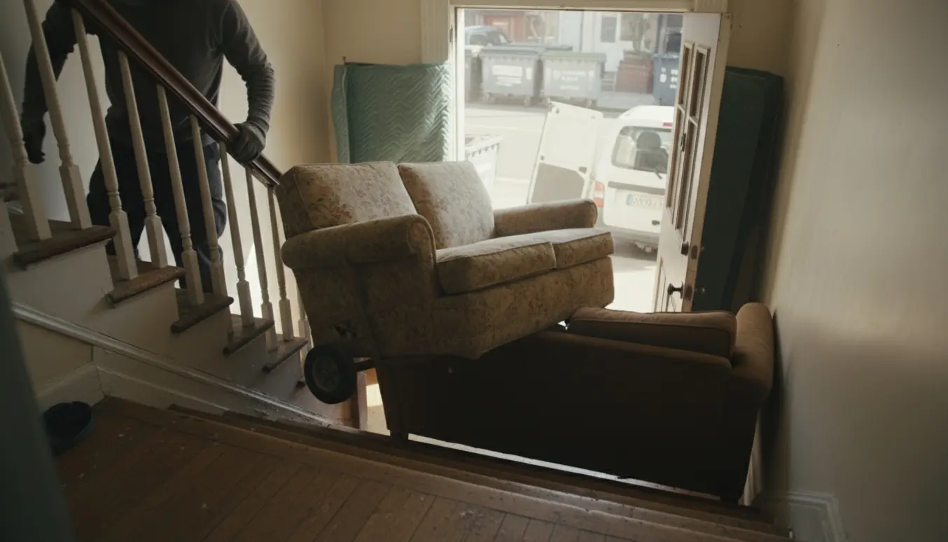 To flyttemænd bærer en to- og en tresæders sofa ned ad en smal trappe for at læsse dem i en varevogn ved en genbrugsplads.