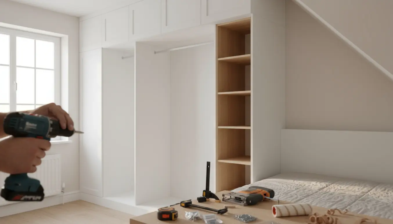 Snedker monterer et indbygget garderobeskab ved en skrå væg med overskabe over sengen.