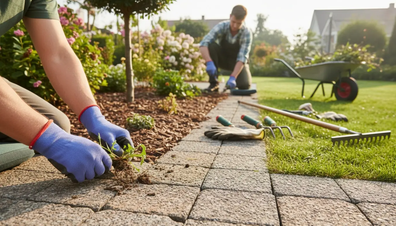 Hænder i handsker trækker ukrudt op mellem granitsten i en soloplyst have med beskæringsværktøj og en lille bunke afklip i baggrunden.