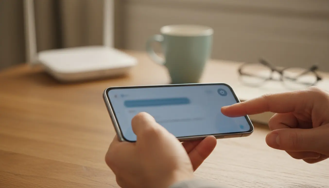 To hænder indstiller en Android-telefon med Messenger på skærmen i et hyggeligt hjemmemiljø.