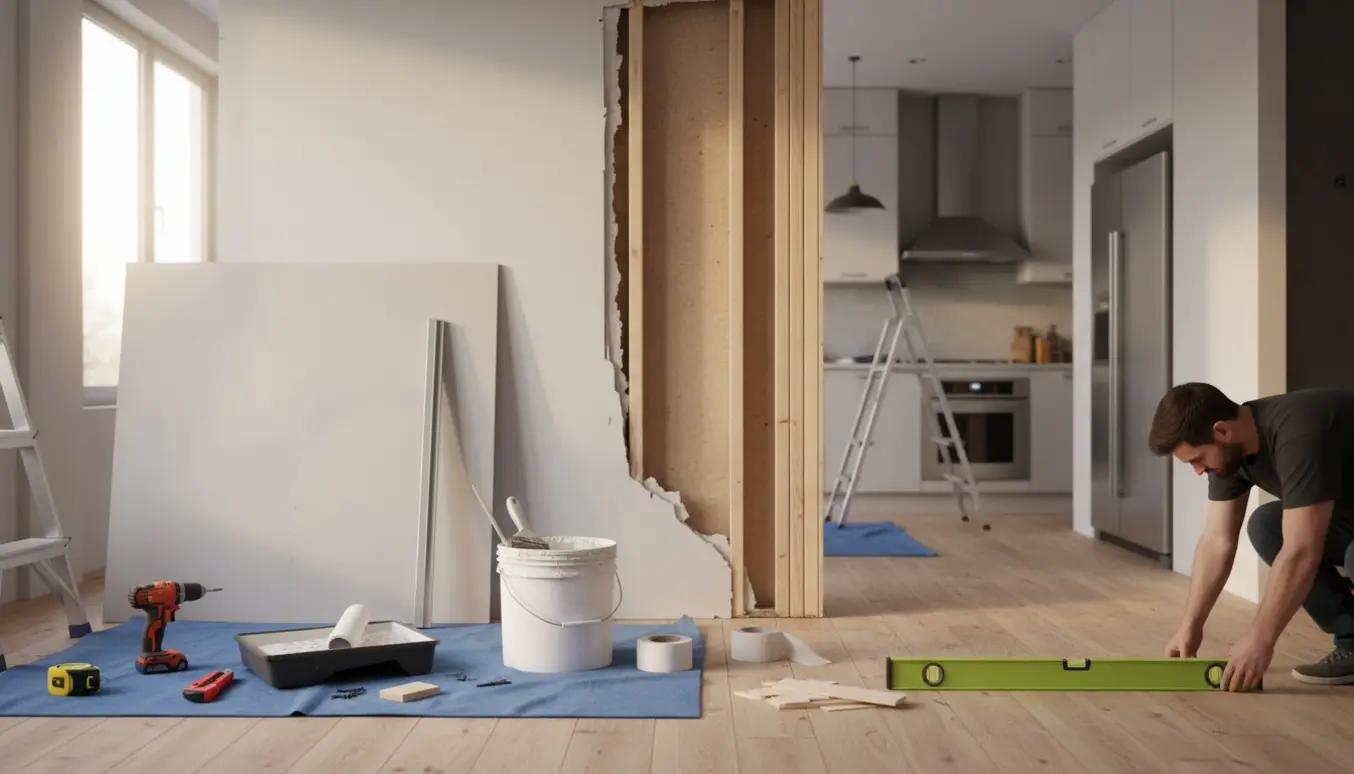 Reparation af hul i gipsvæg mellem køkken og gang med værktøj og materialer klar.