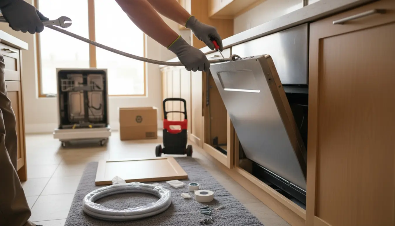 Hands monterer ny vandtilslutning på en indbygningsopvaskemaskine i et lyst køkken, mens den gamle maskine er klar til bortskaffelse.