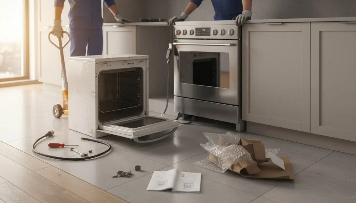 Nyt induktionskomfur bliver ført ind og skubbet på plads i et køkken, mens det gamle beskadigede komfur er delvist trukket ud og værktøj og emballage ligger omkring.