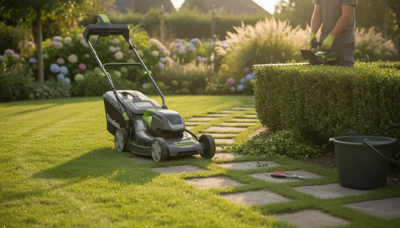 Nyklippet græs med plæneklipper og en person set bagfra, der klipper hæk i en velholdt have.