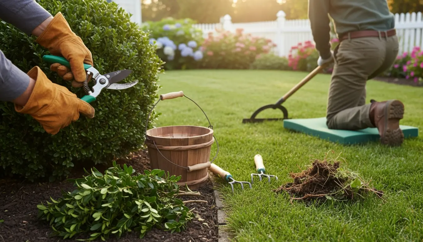 Nærbillede af haveredskaber og en gartner set bagfra, der beskærer buske, hakker græskant og fjerner ukrudt i blødt morgenlys.