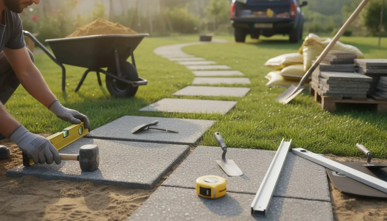 En person lægger 60x60 cm havefliser på sandbund i haven med sand, værktøj og bunker af gamle fliser i baggrunden.