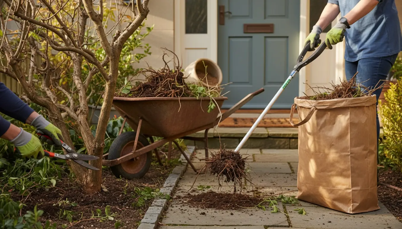 Hænder i handsker fjerner ukrudt og beskærer en busk ved hoveddøren med værktøj og en trillebør med afklip.