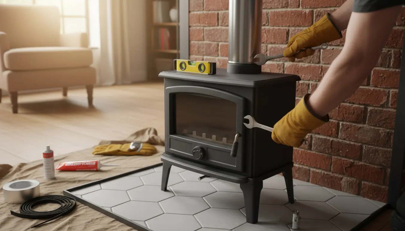 En installatør med handsker spænder en ny brændeovn til under en stålskorsten, placeret i samme højde som den tidligere, i en hyggelig stue.