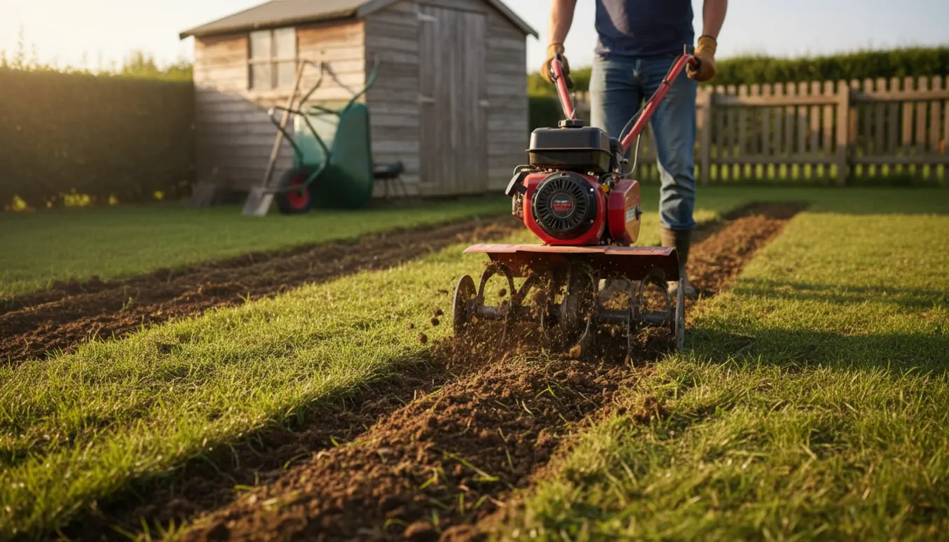 En havefræser vender græsset til mørk, løs jord i en baghave.