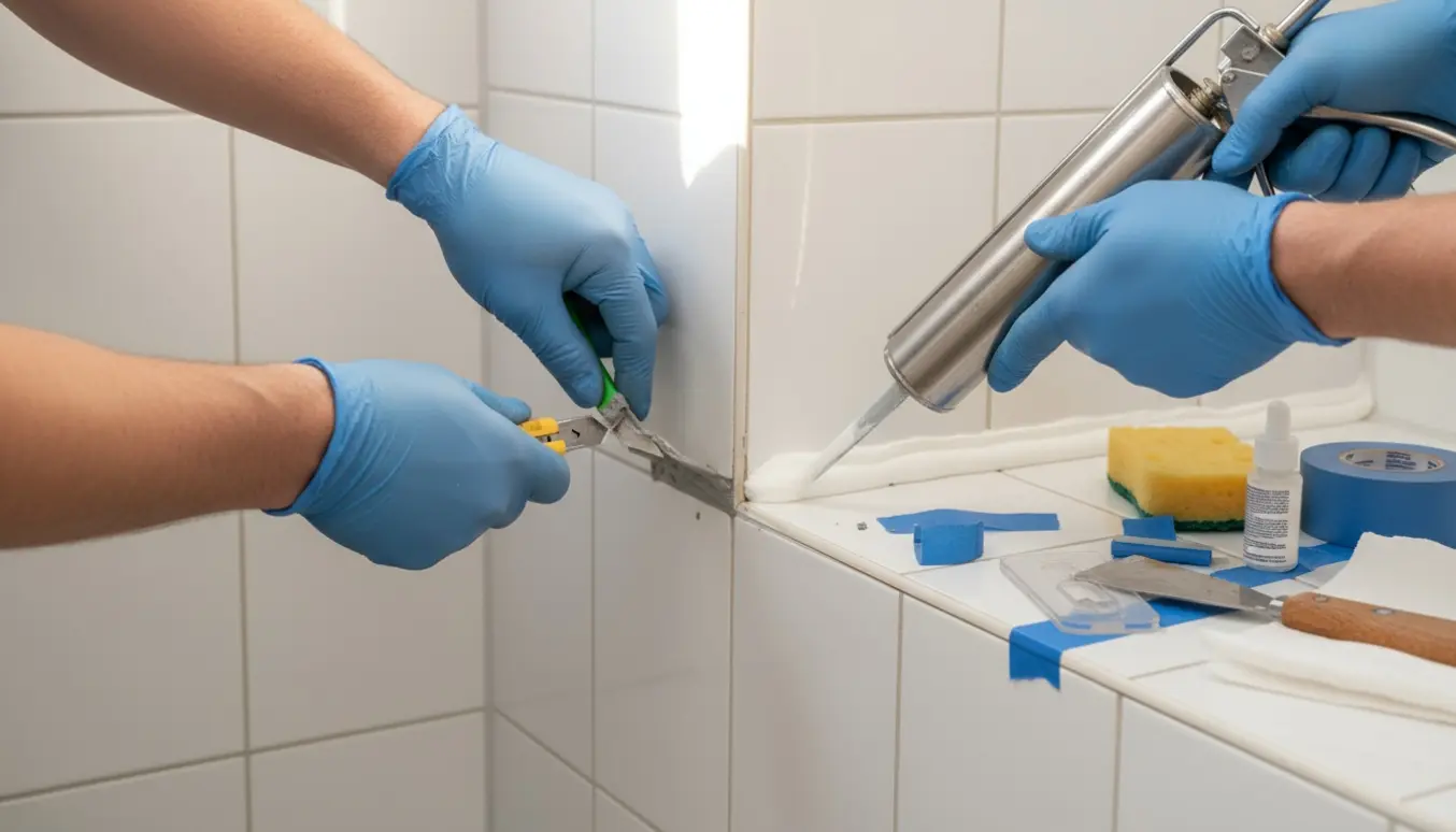 Hænder udskifter gummifuge i en lille bruseniche med hvide fliser, hvor en ny hvid silikone fuge påføres med fugepistol.