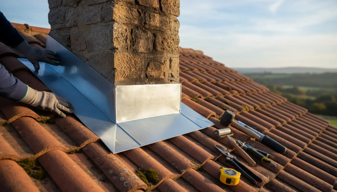 Nærbillede af zinkinddækning ved en stenmuret skorsten på et tegltag med handsker og værktøj.