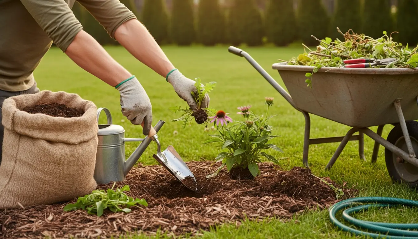 Handskerede hænder planter og luger i en privat have med haveredskaber ved siden af.