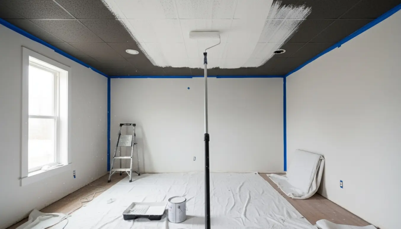 En maler ruller hvid maling på et mørkt akustikloft i et lyst værelse med afdækning og malerbøtte på gulvet.