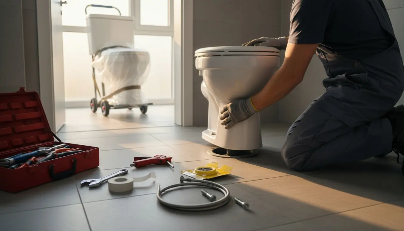 Håndværker installerer et nyt gulvtoilet i et lyst badeværelse, mens det gamle toilet er gjort klar til bortskaffelse.