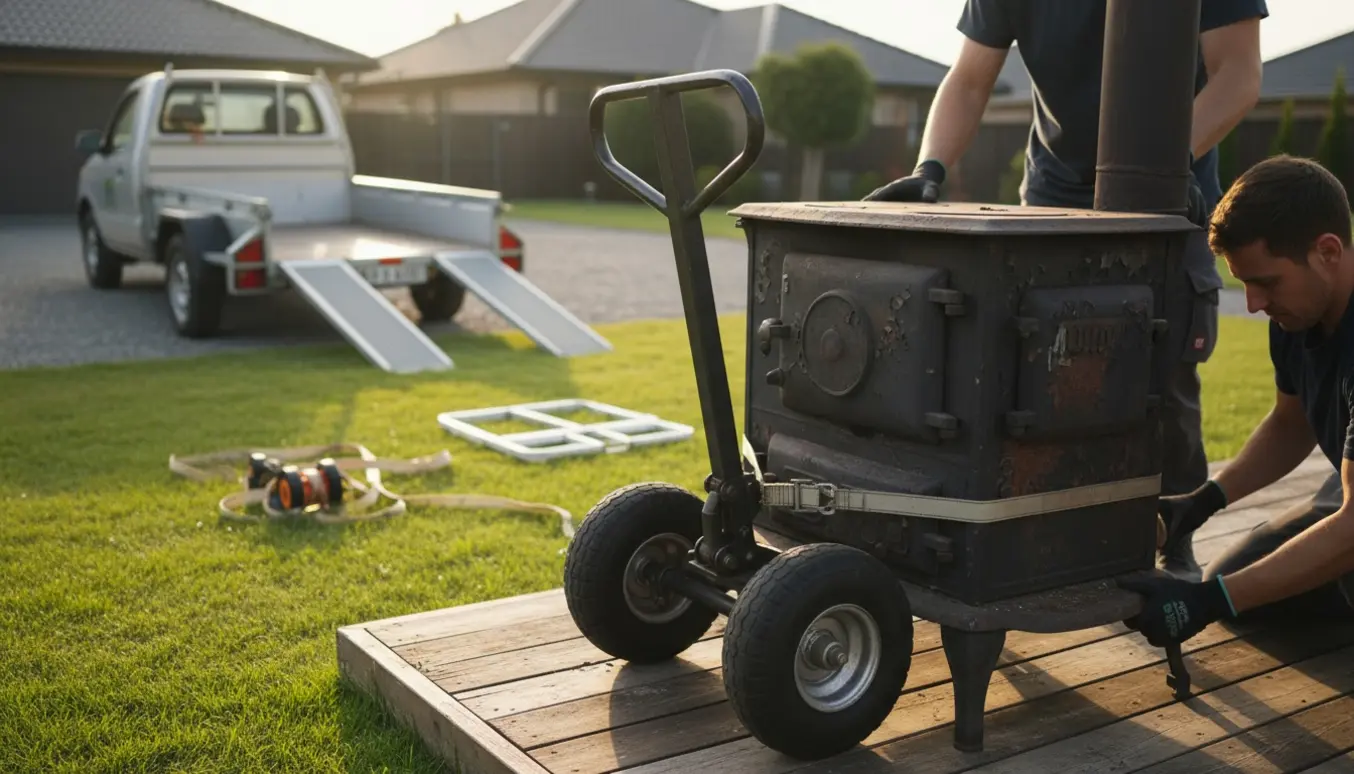 Gammel brændeovn på terrassen løftes med en kraftig sækkevogn og fastgøres ved en trailer klar til aflevering på genbrugsstationen.